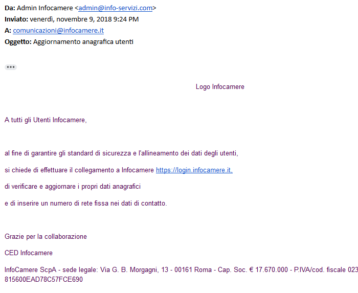 Email alle imprese da un falso account di Infocamere