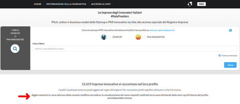 Startup - Modificata la pagina di ricerca delle startup/pmi aggiungendo avviso di prossima modifica dei requisiti in vetrina