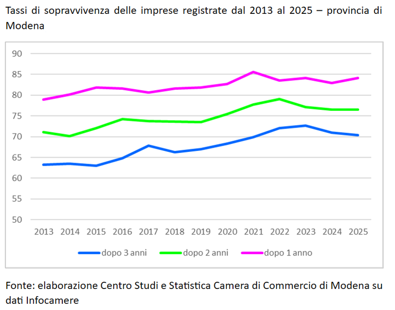 Tassi di sopravvivenza delle imprese registrate dal 2013 al 2025